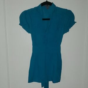 Poetry Blue Puff Sleeve Mandarin Collar Blouse